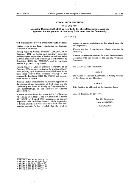 86/389/EEC: Commission Decision of 23 July 1986 amending Decision 83/384/EEC as regards the list of establishments in Australia approved for the purpose of importing fresh meat into the Community