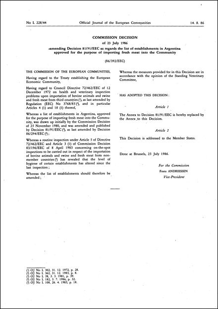 86/392/EEC: Commission Decision of 23 July 1986 amending Decision 81/91/EEC as regards the list of establishments in Argentina approved for the purpose of importing fresh meat into the Community