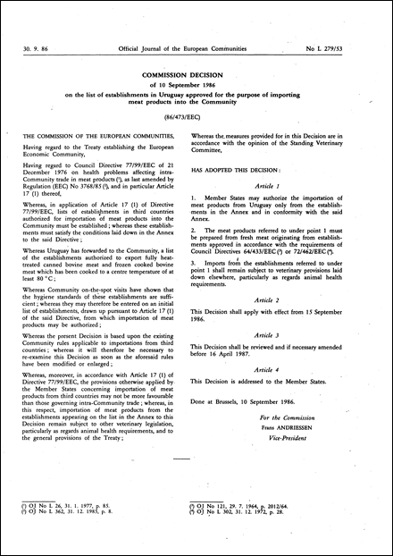 86/473/EEC: Commission Decision of 10 September 1986 on the list of establishments in Uruguay approved for the purpose of importing meat products into the Community