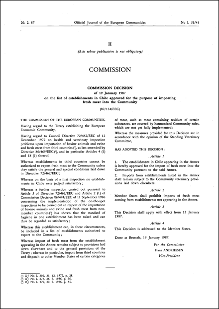87/124/EEC: Commission Decision of 19 January 1987 on the list of establishments in Chile approved for the purpose of importing fresh meat into the Community
