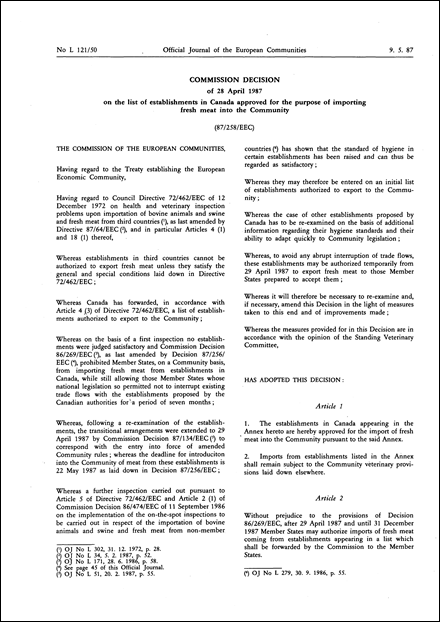 87/258/EEC: Commission Decision of 28 April 1987 on the list of establishments in Canada approved for the purpose of importing fresh meat into the Community