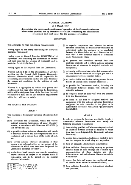89/187/EEC: Council Decision of 6 March 1989 determining the powers and conditions of operation of the Community reference laboratories provided for by Directive 86/469/EEC concerning the examination of animals and fresh meat for the presence of residues