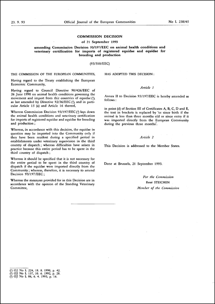 93/510/EEC: Commission Decision of 21 September 1993 amending Commission Decision 93/197/EEC on animal health conditions and veterinary certification for imports of registered equidae and equidae for breeding and production