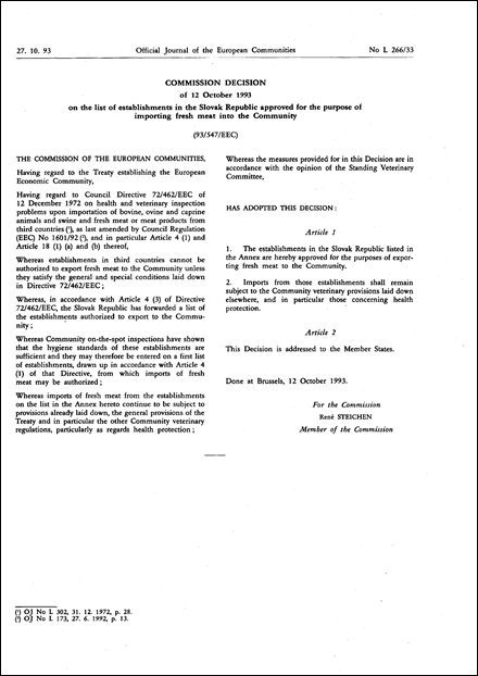 93/547/EEC: Commission Decision of 12 October 1993 on the list of establishments in the Slovak Republic approved for the purpose of importing fresh meat into the Community