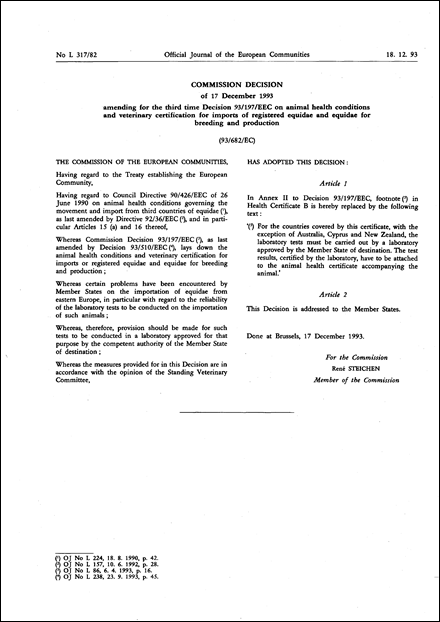 93/682/EC: Commission Decision of 17 December 1993 amending for the third time Decision 93/197/EEC on animal health conditions and veterinary certification for imports of registered equidae and equidae for breeding and production
