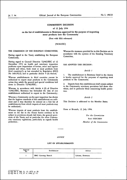 94/465/EC: Commission Decision of 12 July 1994 on the list of establishments in Botswana approved for the purpose of importing meat products into the Community (Text with EEA relevance)
