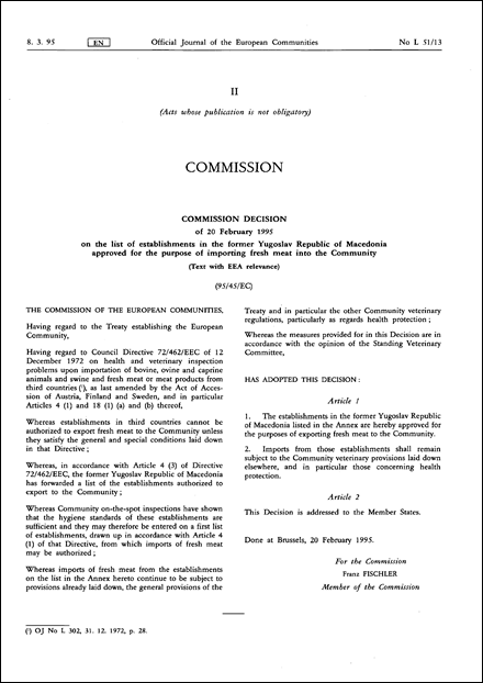 95/45/EC: Commission Decision of 20 February 1995 on the list of establishments in the former Yugoslav Republic of Macedonia approved for the purpose of importing fresh meat into the Community (Text with EEA relevance)