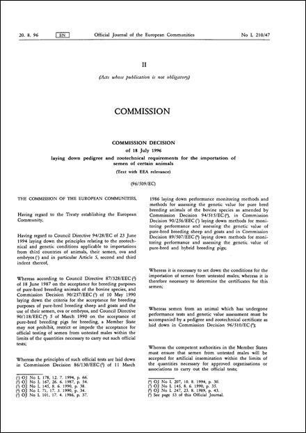 96/509/EC: Commission Decision of 18 July 1996 laying down pedigree and zootechnical requirements for the importation of semen of certain animals (Text with EEA relevance)