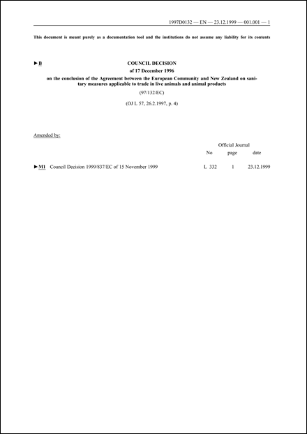 97/132/EC: Council Decision of 17 December 1996 on the conclusion of the Agreement between the European Community and New Zealand on sanitary measures applicable to trade in live animals and animal products