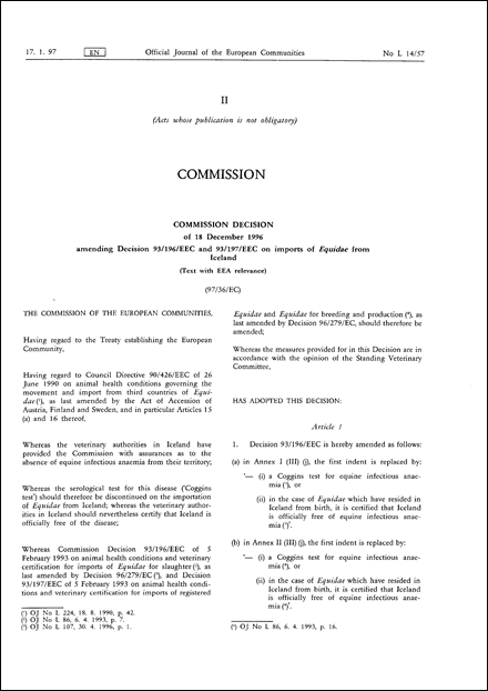 97/36/EC: Commission Decision of 18 December 1996 amending Decision 93/196/EEC and 93/197/EEC on imports of Equidae from Iceland (Text with EEA relevance)