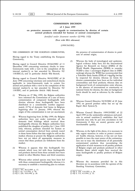 1999/363/EC: Commission Decision of 3 June 1999 on protective measures with regards to contamination by dioxins of certain animal products intended for human or animal consumption (notified under document number C(1999) 1500) (Text with EEA relevance)