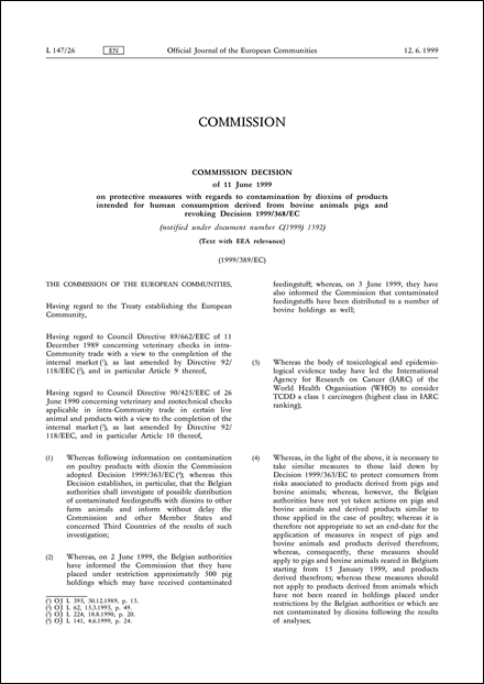 1999/389/EC: Commission Decision of 11 June 1999 on protective measures with regards to contamination by dioxins of products intended for human consumption derived from bovine animals pigs and revoking Decision 1999/368/EC (notified under document number C(1999) 1592) (Text with EEA relevance)