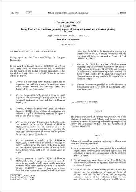 1999/527/EC: Commission Decision of 14 July 1999 laying down special conditions governing imports of fishery and aquaculture products originating in Oman (notified under document number C(1999) 2059) (Text with EEA relevance)