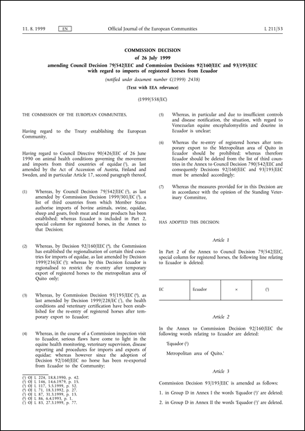 99/558/EC: Commission Decision of 26 July 1999 amending Council Decision 79/542/EEC and Commission Decisions 92/160/EEC and 93/195/EEC with regard to imports of registered horses from Ecuador (notified under document number C(1999) 2438) (Text with EEA relevance)