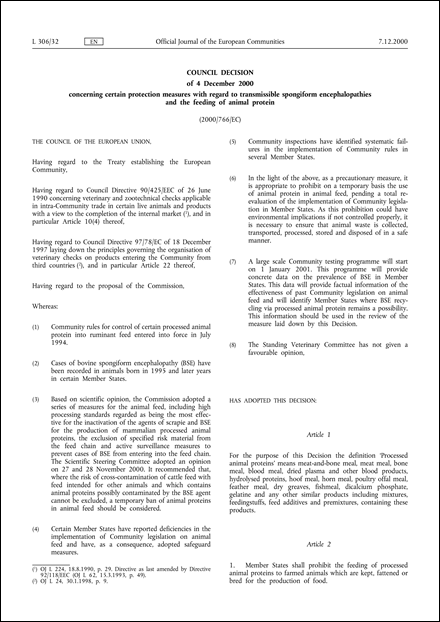 2000/766/EC: Council Decision of 4 December 2000 concerning certain protection measures with regard to transmissible spongiform encephalopathies and the feeding of animal protein (repealed)