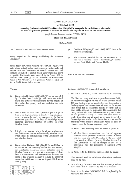2002/279/EC: Commission Decision of 12 April 2002 amending Decision 2000/666/EC and Decision 2001/106/EC as regards the establishment of a model for lists of approved quarantine facilities or centres for imports of birds in the Member States (Text with EEA relevance) (notified under document number C(2002) 1402)