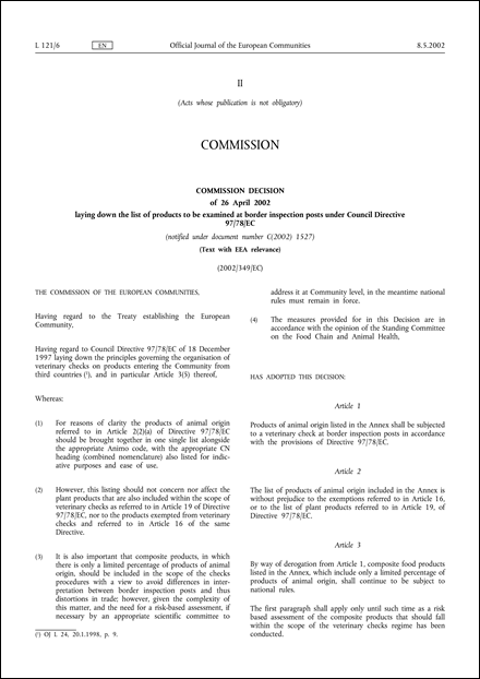 2002/349/EC: Commission Decision of 26 April 2002 laying down the list of products to be examined at border inspection posts under Council Directive 97/78/EC (Text with EEA relevance) (notified under document number C(2002) 1527)