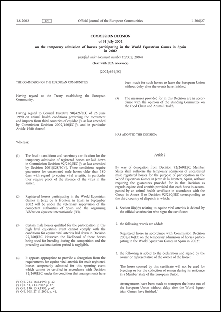 2002/636/EC: Commission Decision of 31 July 2002 on the temporary admission of horses participating in the World Equestrian Games in Spain in 2002 (Text with EEA relevance) (notified under document number C(2002) 2884)