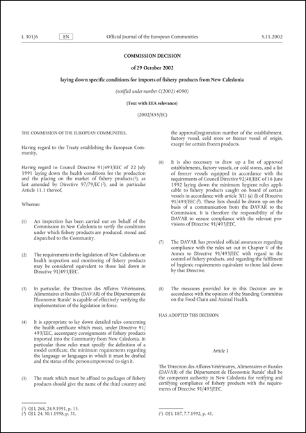 2002/855/EC: Commission decision of 29 October 2002 laying down specific conditions for imports of fishery products from New Caledonia (Text with EEA relevance.) (notified under number C(2002) 4090)