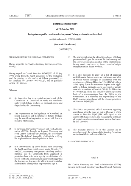 2002/856/EC: Commission decision of 29 October 2002 laying down specific conditions for imports of fishery products from Greenland (Text with EEA relevance.) (notified under number C(2002) 4091)
