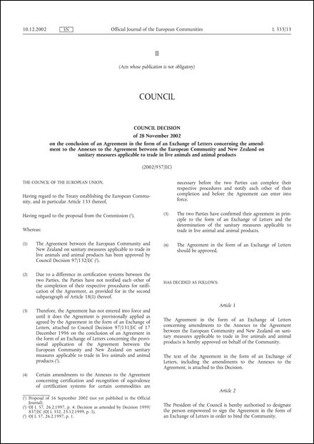 2002/957/EC: Council Decision of 28 November 2002 on the conclusion of an Agreement in the form of an Exchange of Letters concerning the amendment to the Annexes to the Agreement between the European Community and New Zealand on sanitary measures applicable to trade in live animals and animal products