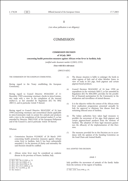 2003/514/EC: Commission Decision of 10 July 2003 concerning health protection measures against African swine fever in Sardinia, Italy (Text with EEA relevance) (notified under document number C(2003) 2293)