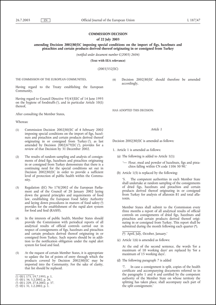 2003/552/EC: Commission Decision of 22 July 2003 amending Decision 2002/80/EC imposing special conditions on the import of figs, hazelnuts and pistachios and certain products derived thereof originating in or consigned from Turkey (Text with EEA relevance) (notified under document number C(2003) 2604)