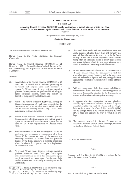 2004/216/EC: Commission Decision of 1 March 2004 amending Council Directive 82/894/EEC on the notification of animal diseases within the Community to include certain equine diseases and certain diseases of bees to the list of notifiable diseases (Text with EEA relevance) (notified under document number C(2004) 578)