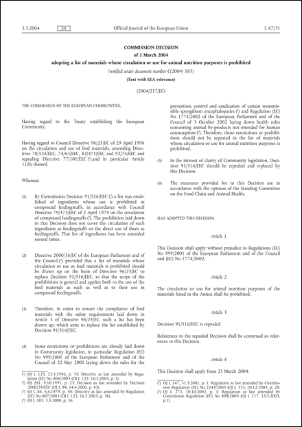 2004/217/EC: Commission Decision of 1 March 2004 adopting a list of materials whose circulation or use for animal nutrition purposes is prohibited (Text with EEA relevance) (notified under document number C(2004) 583)