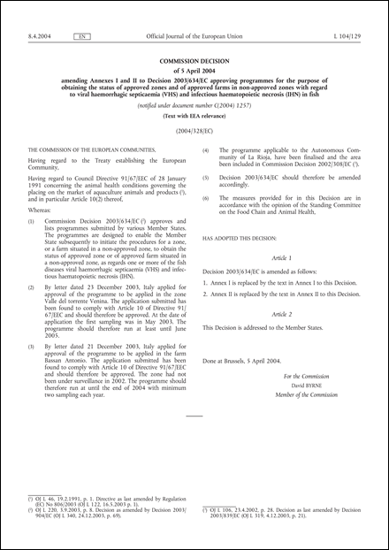 2004/328/EC: Commission Decision of 5 April 2004 amending Annexes I and II to Decision 2003/634/EC approving programmes for the purpose of obtaining the status of approved zones and of approved farms in non-approved zones with regard to viral haemorrhagic septicaemia (VHS) and infectious haematopoietic necrosis (IHN) in fish (Text with EEA relevance) (notified under document number C(2004) 1257)