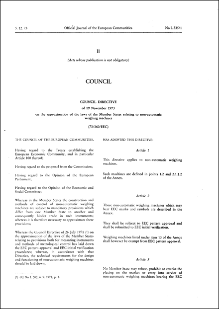 Council Directive 73/360/EEC of 19 November 1973 on the approximation of the laws of the Member States relating to non-automatic weighing machines