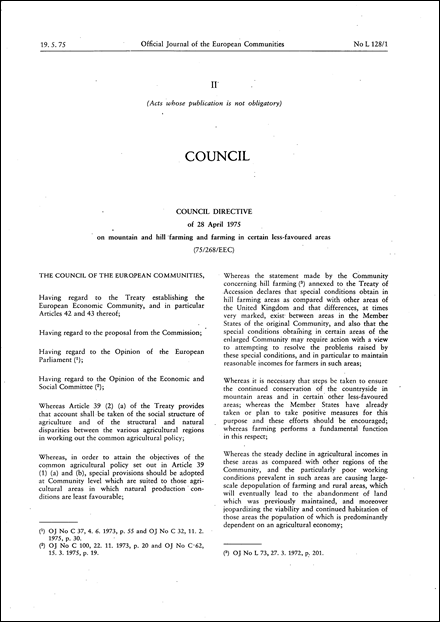 Council Directive 75/268/EEC of 28 April 1975 on mountain and hill farming and farming in certain less- favoured areas