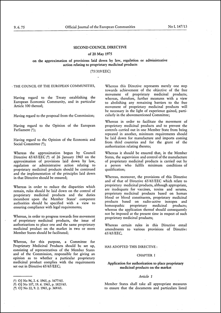 Second Council Directive 75/319/EEC of 20 May 1975 on the approximation of provisions laid down by Law, Regulation or Administrative Action relating to proprietary medicinal products