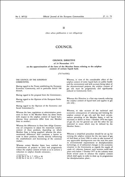 Council Directive 75/716/EEC of 24 November 1975 on the approximation of the laws of the Member States relating to the sulphur content of certain liquid fuels