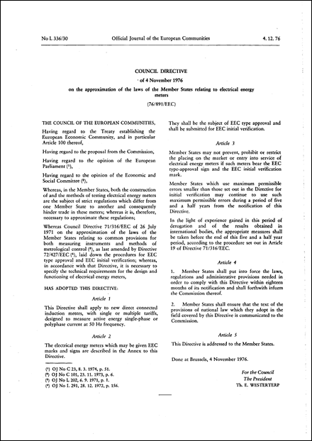 Council Directive 76/891/EEC of 4 November 1976 on the approximation of the laws of the Member States relating to electrical energy meters