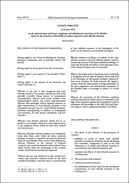 Council Directive 78/610/EEC of 29 June 1978 on the approximation of the laws, regulations and administrative provisions of the Member States on the protection of the health of workers exposed to vinyl chloride monomer
