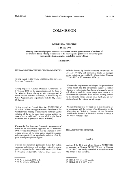 Commission Directive 78/665/EEC of 14 July 1978 adapting to technical progress Directive 70/220/EEC on the approximation of the laws of the Member States relating to measures to be taken against pollution of the air by gases from positive ignition engines installed in motor vehicles