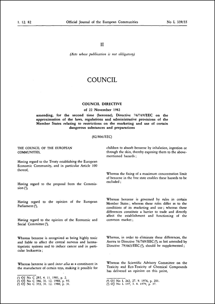 Council Directive 82/806/EEC of 22 November 1982 amending, for the second time (benzene), Directive 76/769/EEC on the approximation of the laws, regulations and administrative provisions of the Member States relating to restrictions on the marketing and use of certain dangerous substances and preparationsH