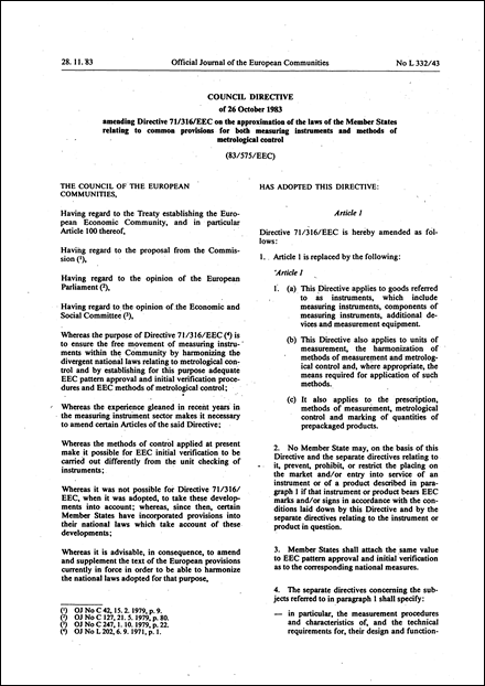 Council Directive 83/575/EEC of 26 October 1983 amending Directive 71/316/EEC on the approximation of the laws of the Member States relating to common provisions for both measuring instruments and methods of metrological control