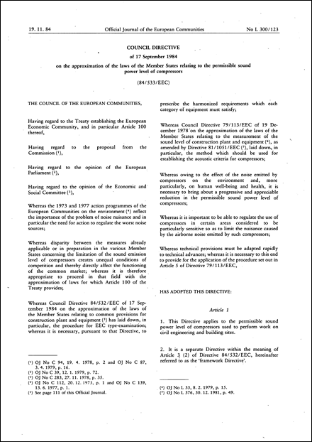 Council Directive 84/533/EEC of 17 September 1984 on the approximation of the laws of the Member States relating to the permissible sound power level of compressors