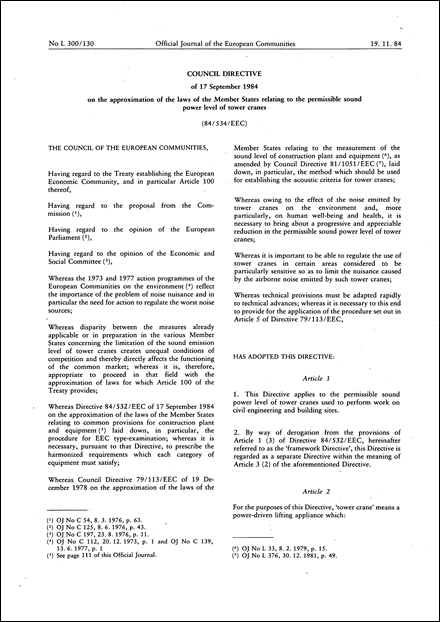 Council Directive 84/534/EEC of 17 September 1984 on the approximation of the laws of the Member States relating to the permissible sound power level of tower cranes