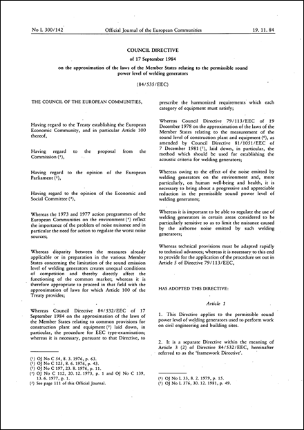 Council Directive 84/535/EEC of 17 September 1984 on the approximation of the laws of the Member States relating to the permissible sound power level of welding generators