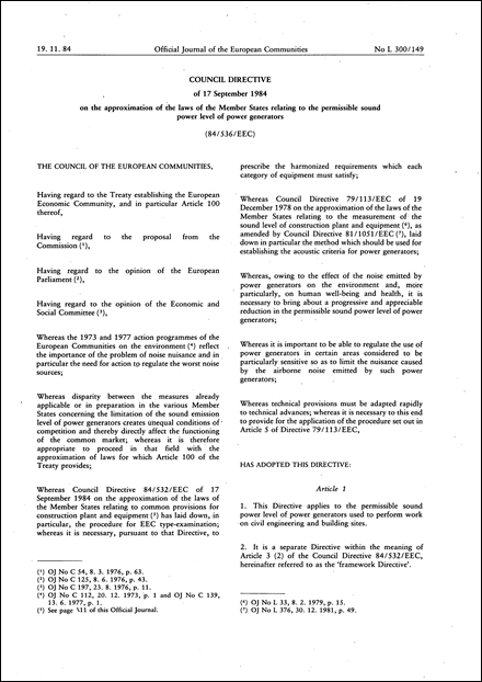 Council Directive 84/536/EEC of 17 September 1984 on the approximation of the laws of the Member States relating to the permissible sound power level of power generators