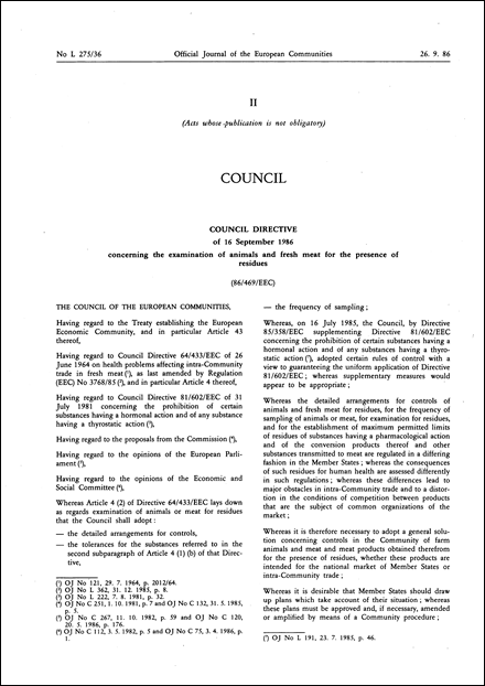 Council Directive 86/469/EEC of 16 September 1986 concerning the examination of animals and fresh meat for the presence of residues
