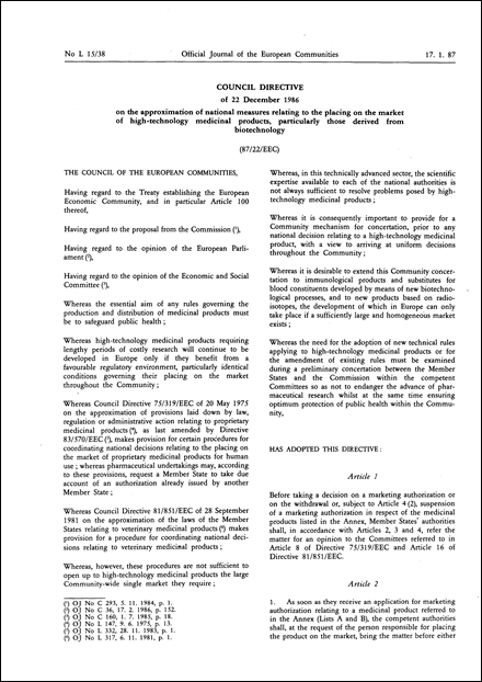 Council Directive 87/22/EEC of 22 December 1986 on the approximation of national measures relating to the placing on the market of high-technology medicinal products, particularly those derived from biotechnology