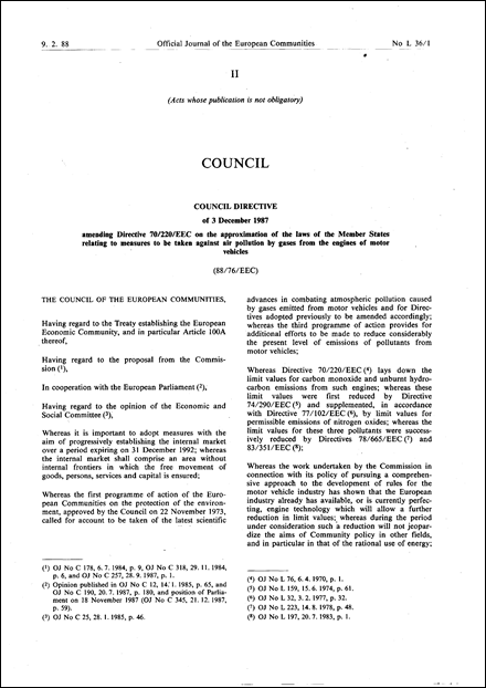 Council Directive 88/76/EEC of 3 December 1987 amending Directive 70/220/EEC on the approximation of the laws of the Member States relating to measures to be taken against air pollution by gases from the engines of motor vehicles