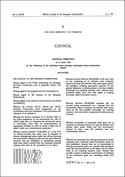Council Directive 89/429/EEC of 21 June 1989 on the reduction of air pollution from existing municipal waste-incineration plants