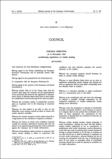 Council Directive 89/592/EEC of 13 November 1989 coordinating regulations on insider dealing