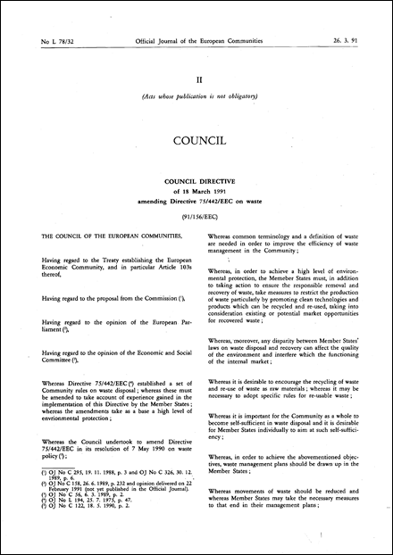 Council Directive 91/156/EEC of 18 March 1991 amending Directive 75/442/EEC on waste