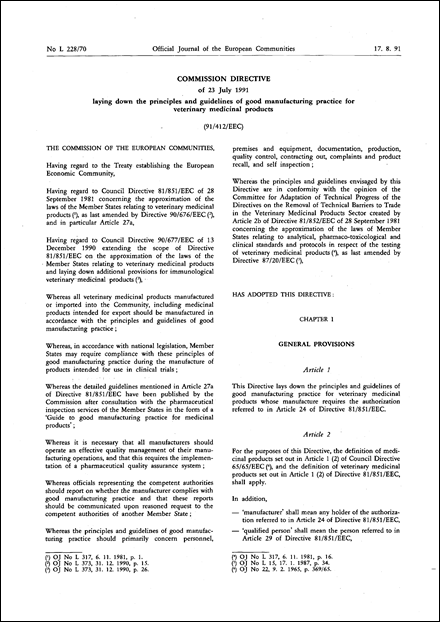 Commission Directive 91/412/EEC of 23 July 1991 laying down the principles and guidelines of good manufacturing practice for veterinary medicinal products